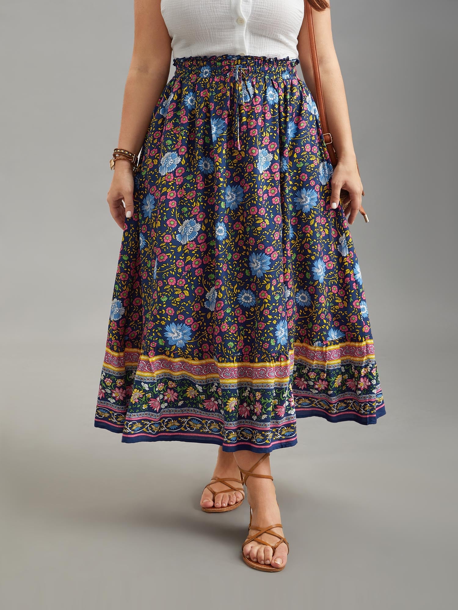 Boho Print Stretchy Waist Flared Maxi Skirt
