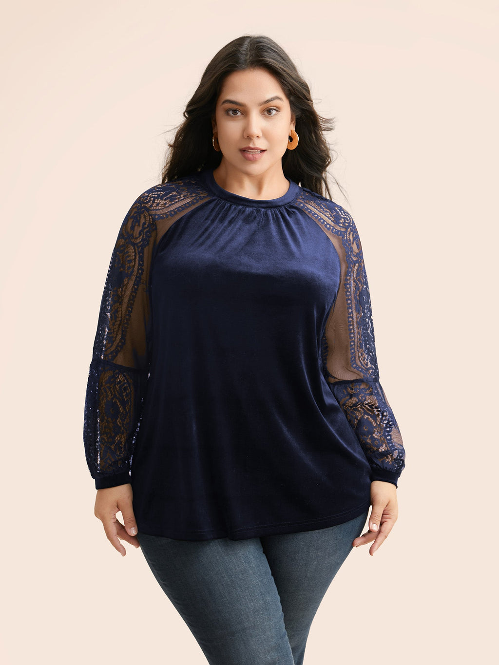 Lace Patchwork Velvet Raglan Sleeve Blouse