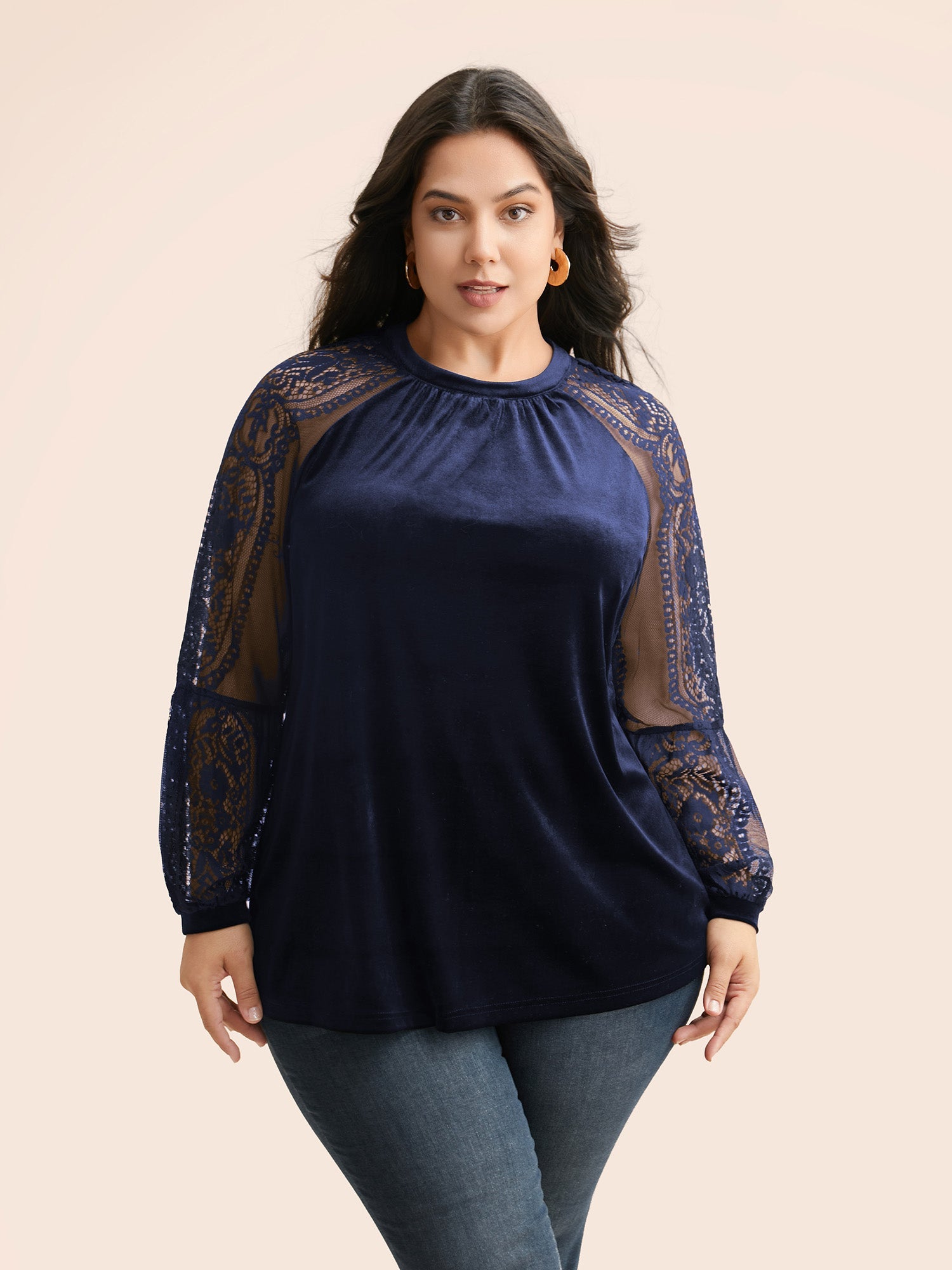 Lace Patchwork Velvet Raglan Sleeve Blouse