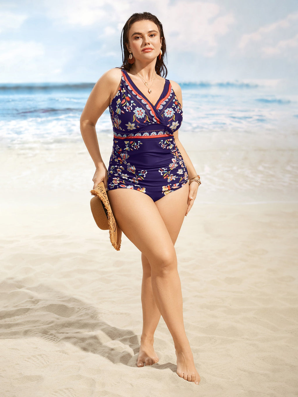 Boho Print Surplice Neck Ruched One Piece Swimsuit