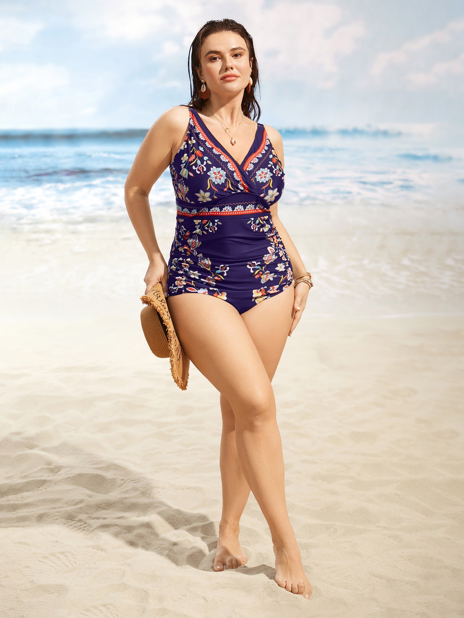 Boho Print Surplice Neck Ruched One Piece Swimsuit