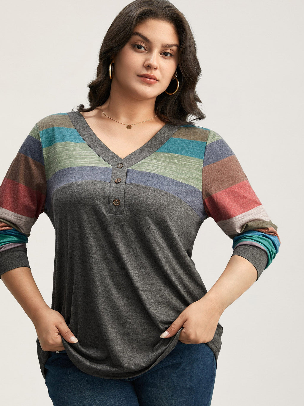 Colorblock Contrast V Neck Button Up T-shirt