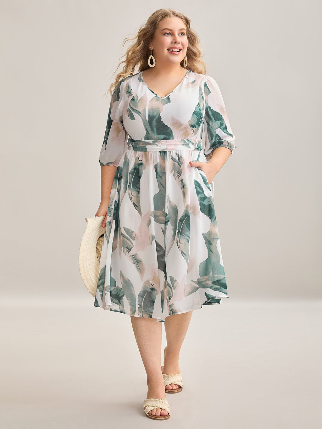 Sheer Chiffon Shirred Pockets Midi Dress