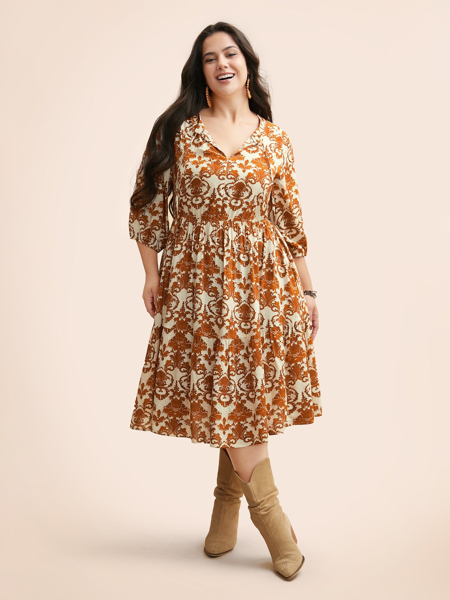 Boho Print Tie Knot Puff Sleeve Dress