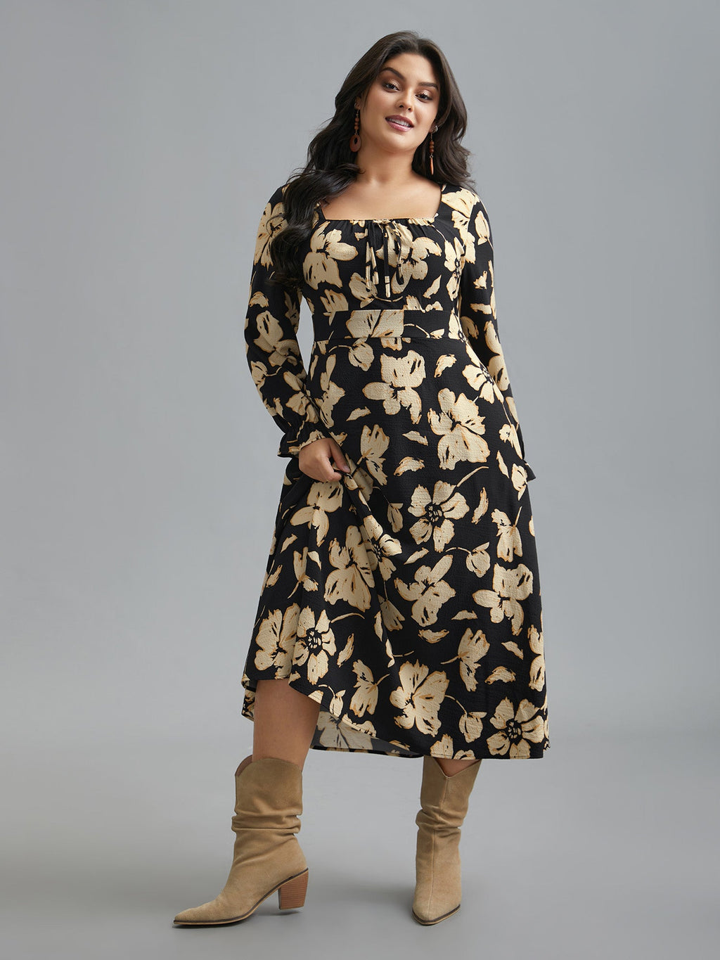 Square Neck Silhouette Flower Ruffled Dress