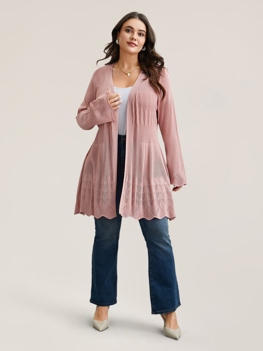 Cut-Out Textured Open-Front Knit Cardigan