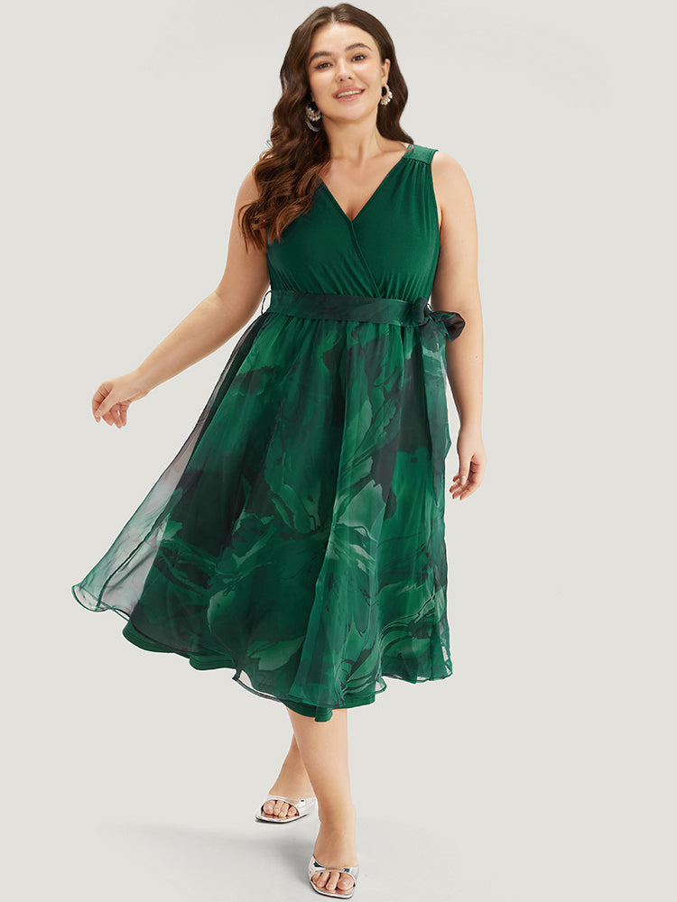 Floral Print Belted Patchwork Pocket Tank Dress