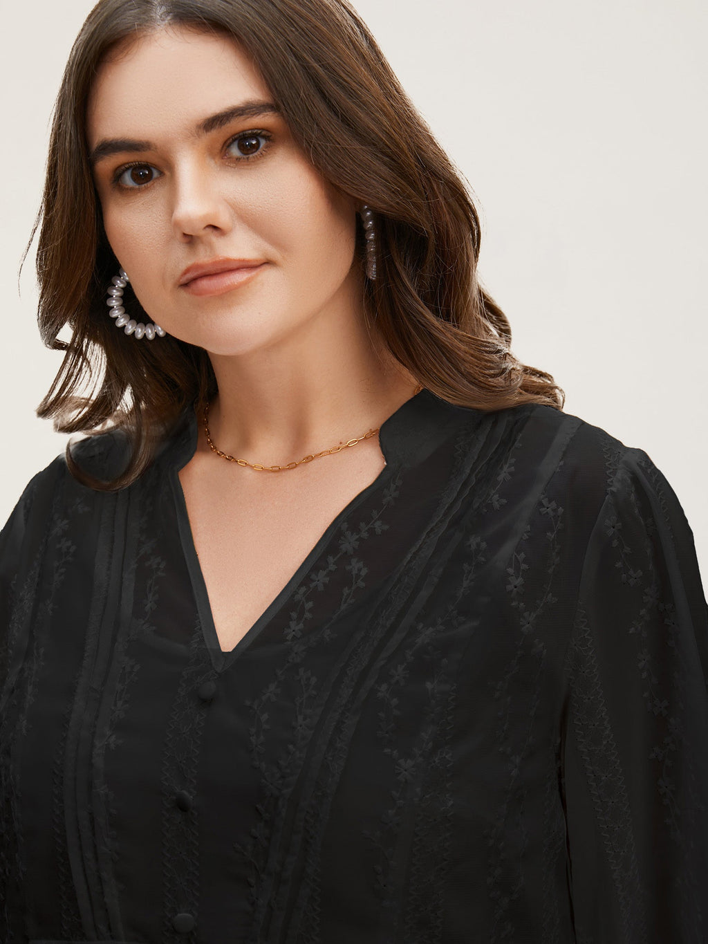 Texture Mesh Button Detail Tucked Seam Blouse