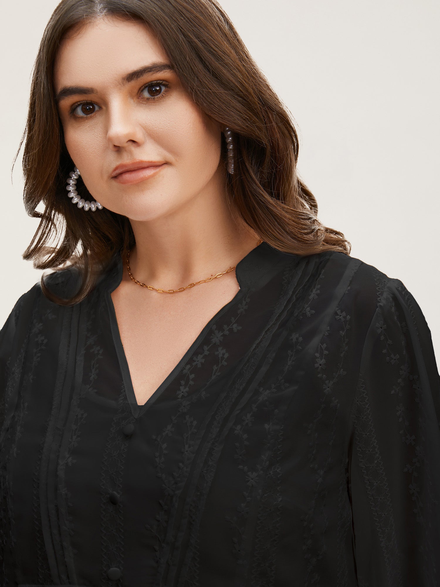 Texture Mesh Button Detail Tucked Seam Blouse