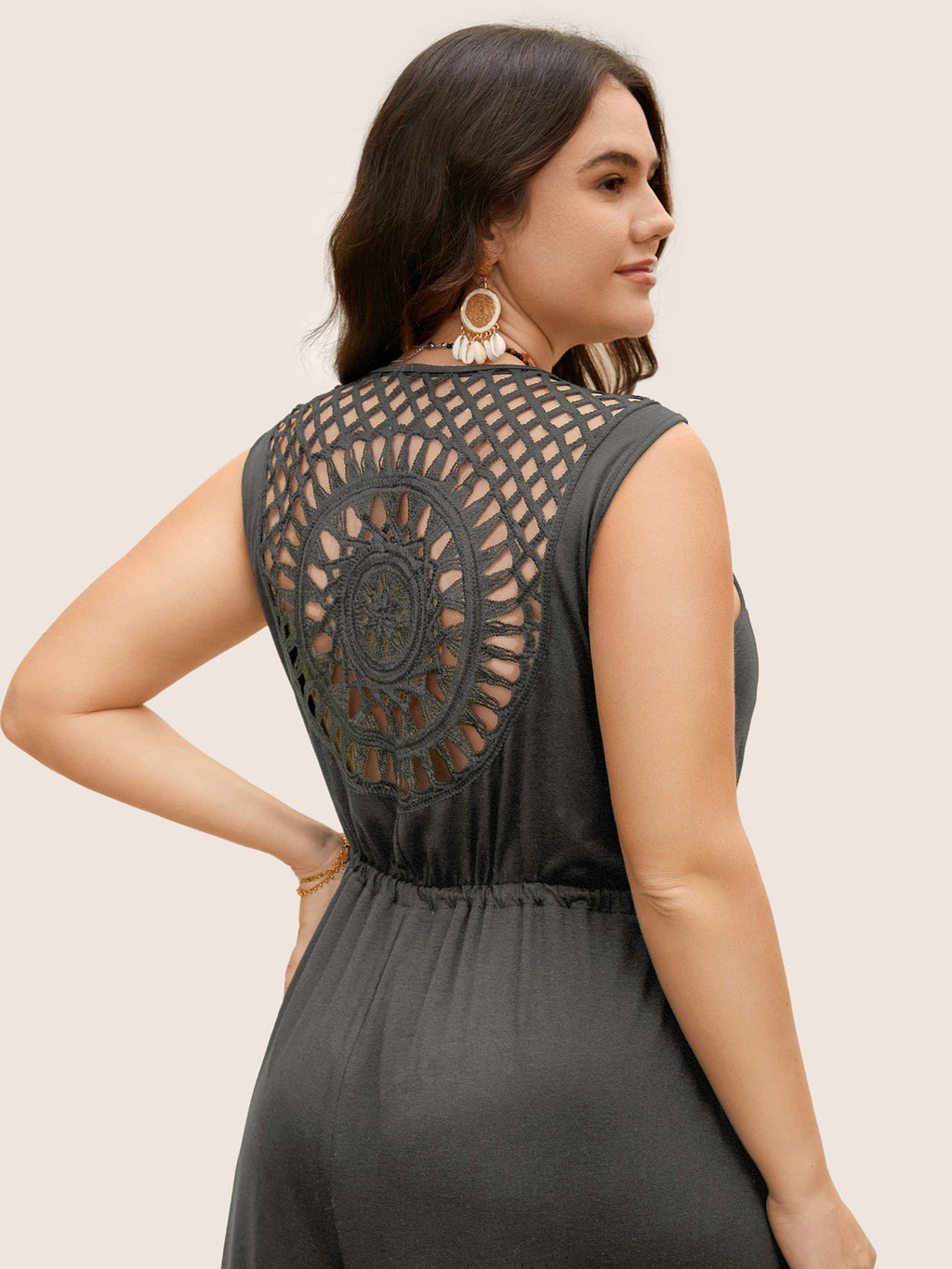 V Neck Crocheted Cut Out Jumpsuit