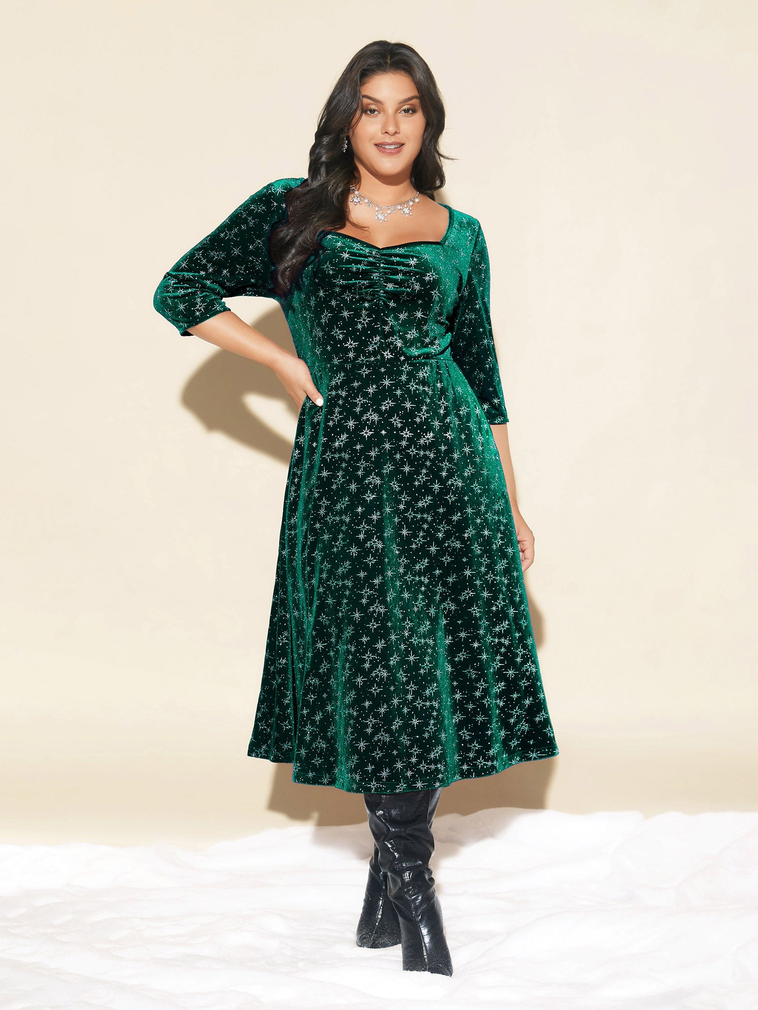 Embossed Velvet Sweetheart Neckline Midi Dress