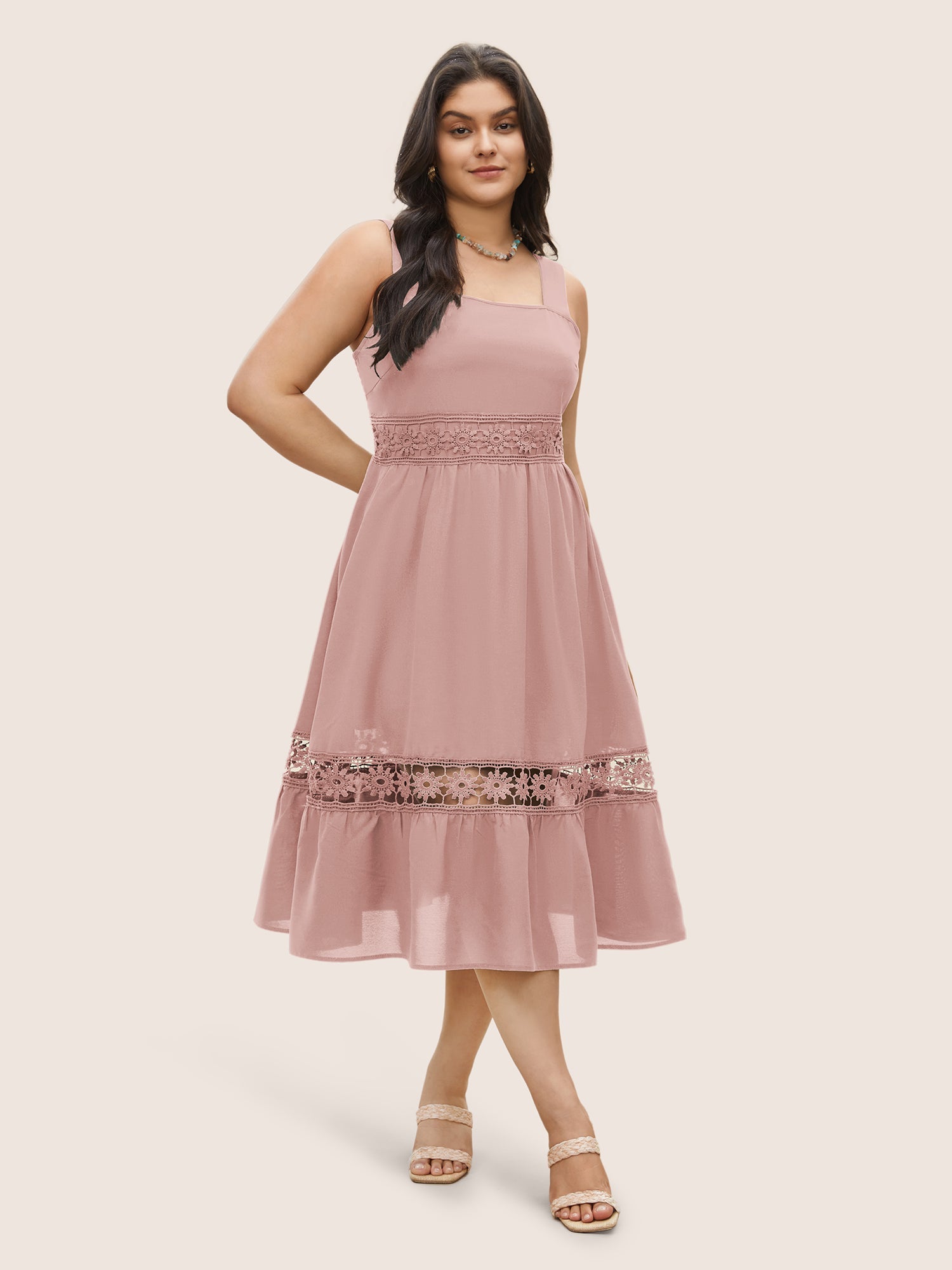 Plain Elastic Waist Cut Out Lace Patchwork Dress