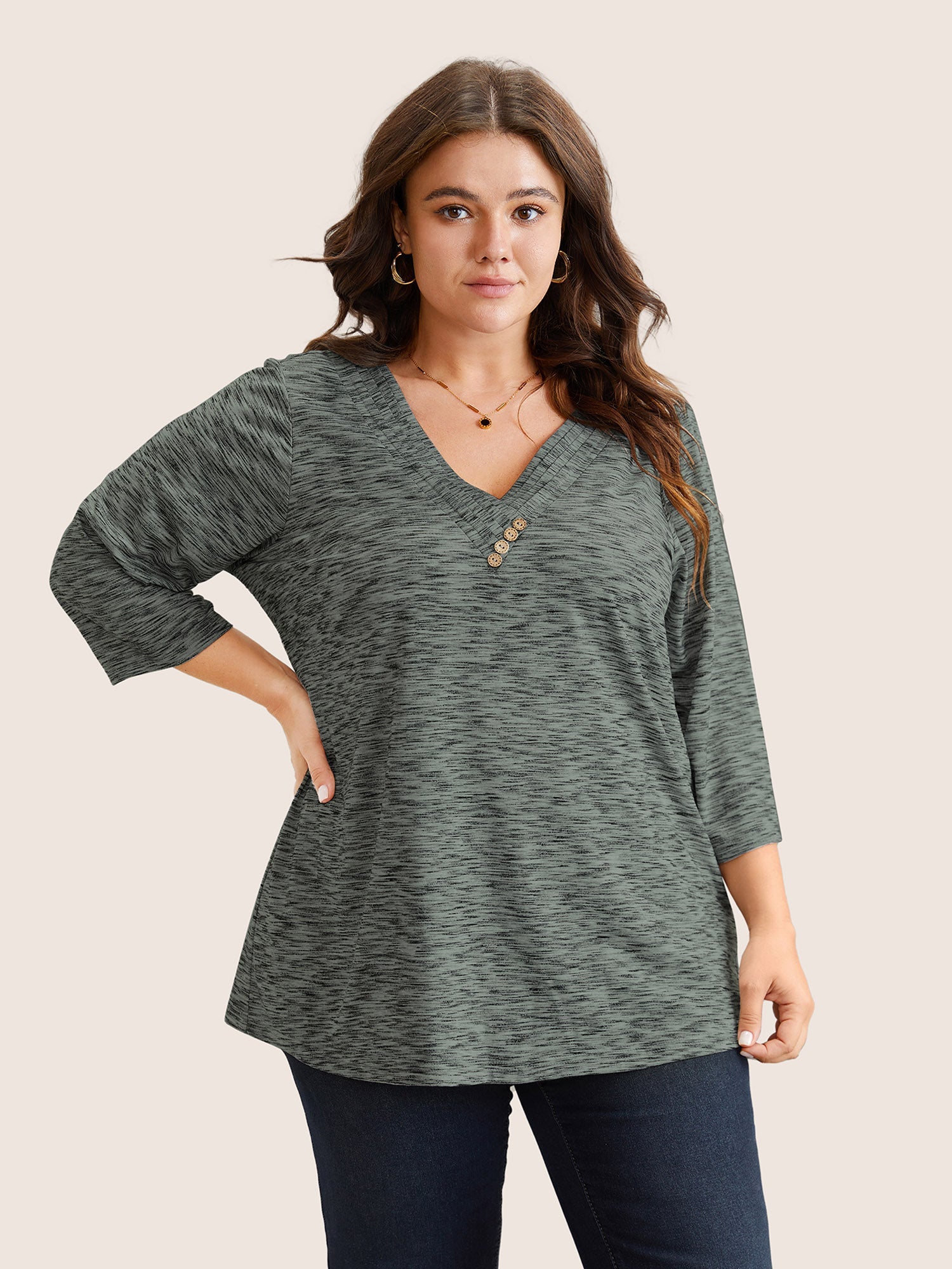 Heather Pleated Button Detail T-shirt