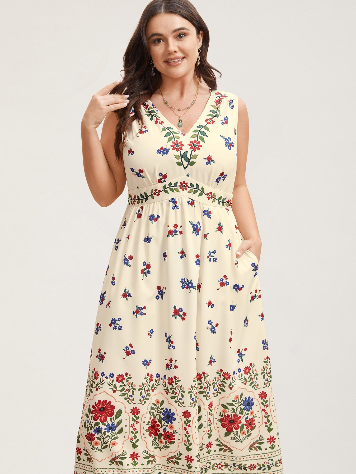 Floral Print V-Neck Waist-Cinched Dress