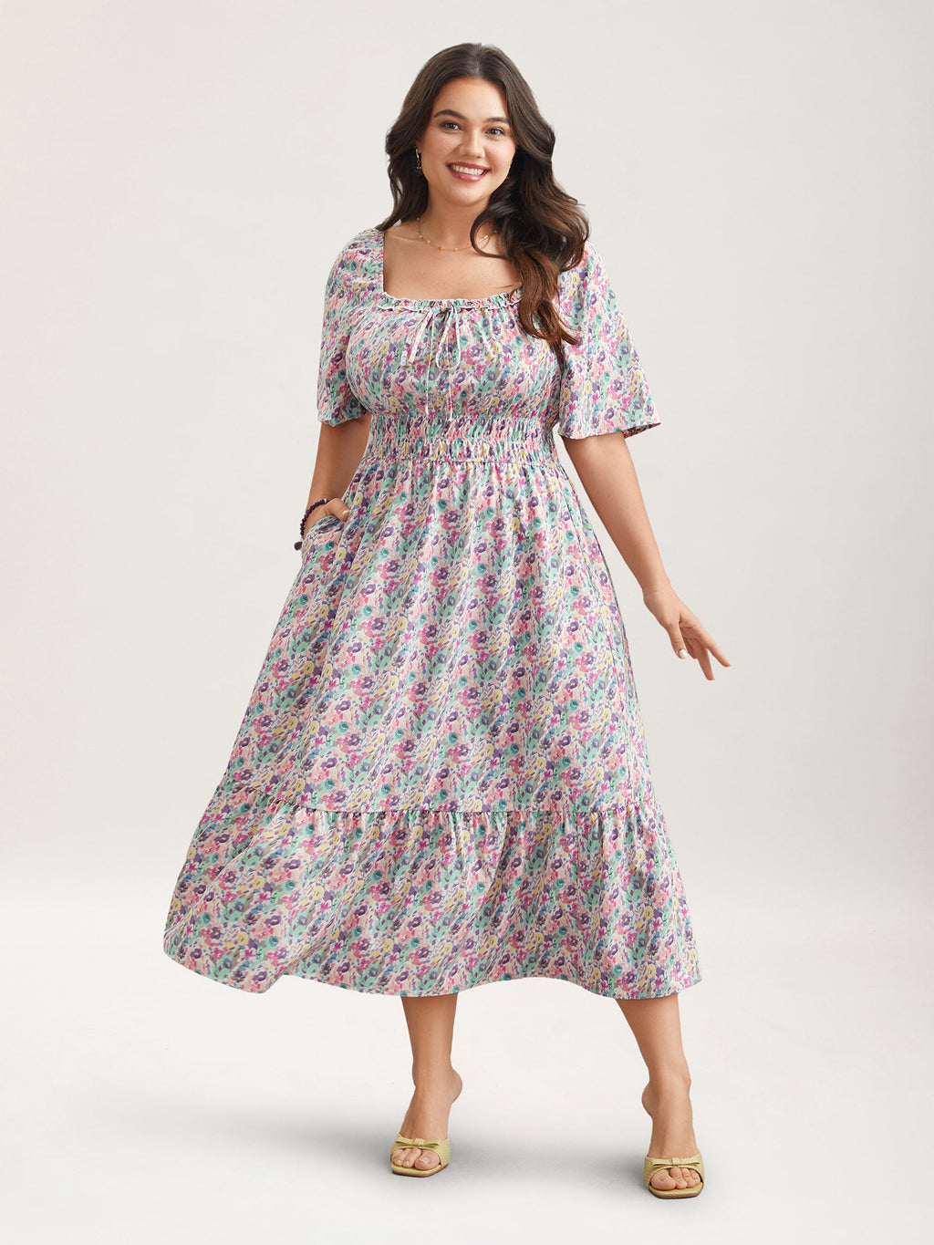 Smocked Waist Floral Ties Tiered Maxi Dress