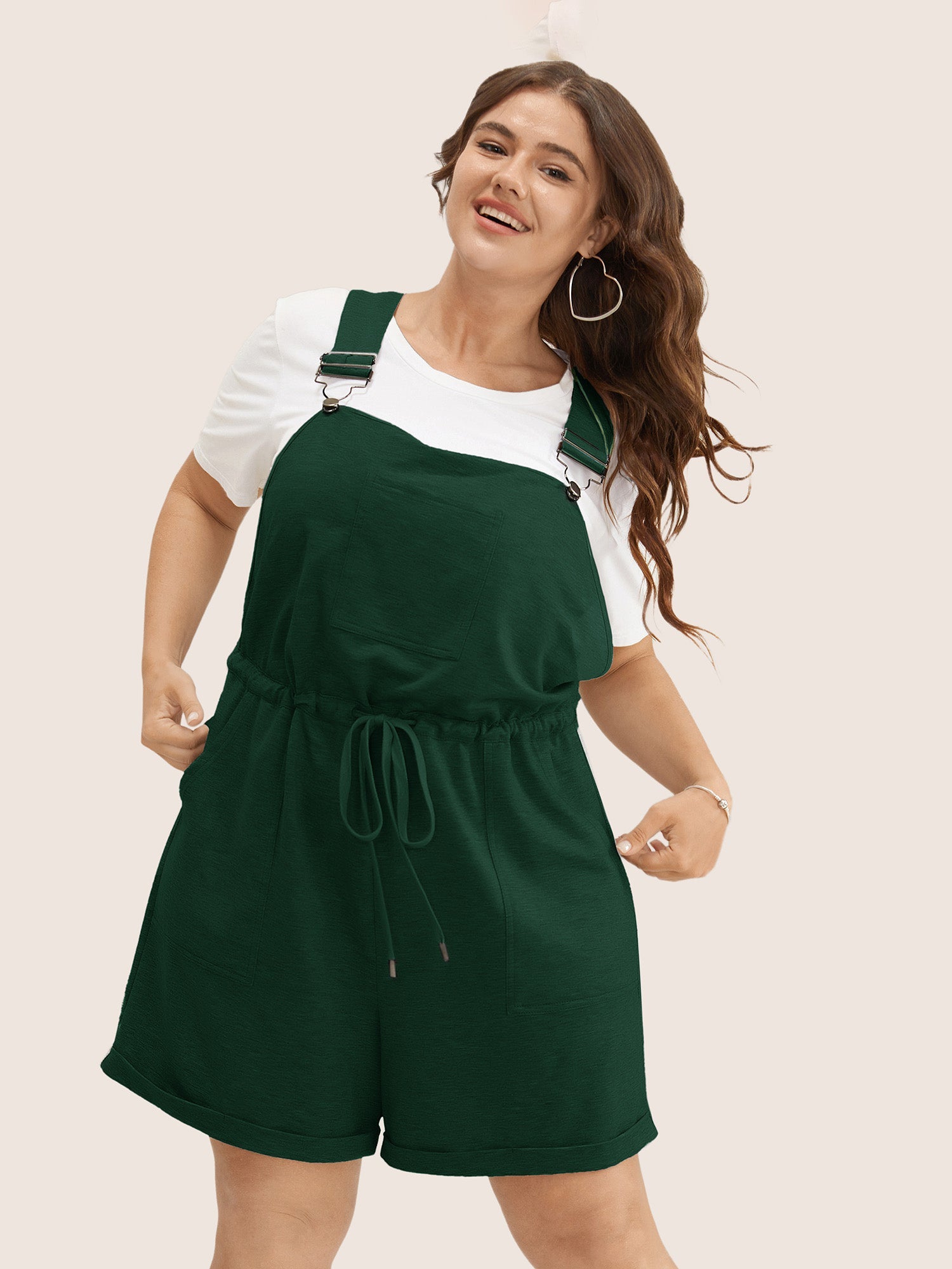 Solid Pocket Drawstring Overall Romper