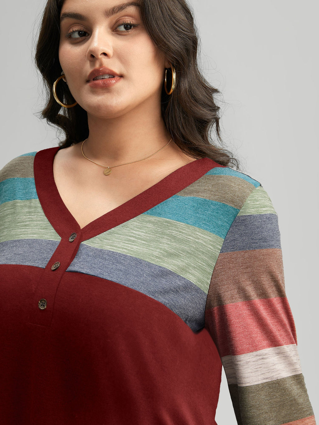 Colorblock Contrast V Neck Button Up T-shirt
