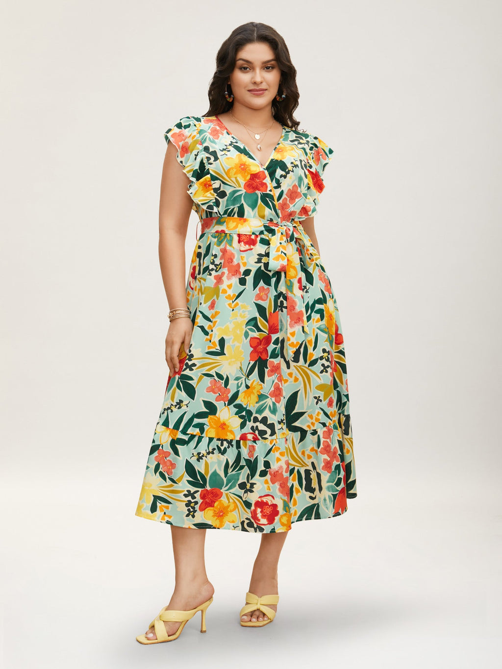 Floral Wrap Patchwork Ruffle Cap Sleeve Dress