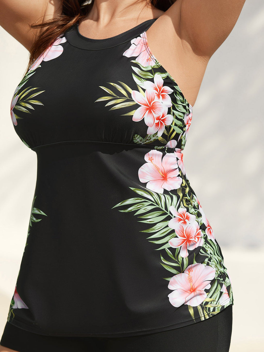 Side Floral Pattern Round Neck Swim Top