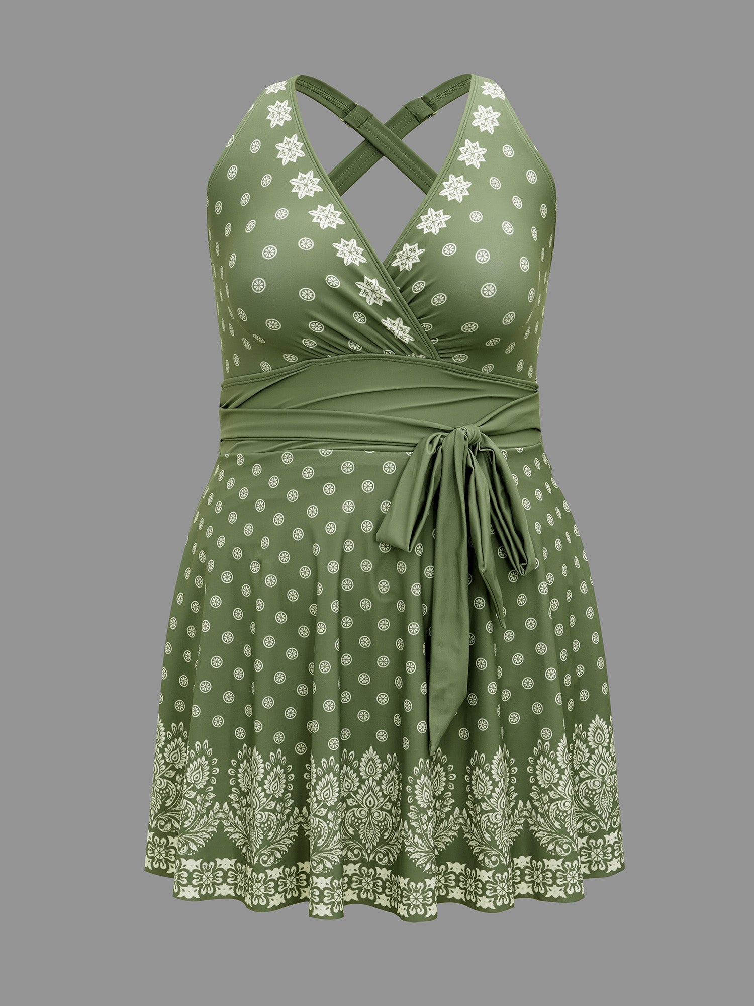 Boho Print Waist-Tie Surplice Neck Swim Dress