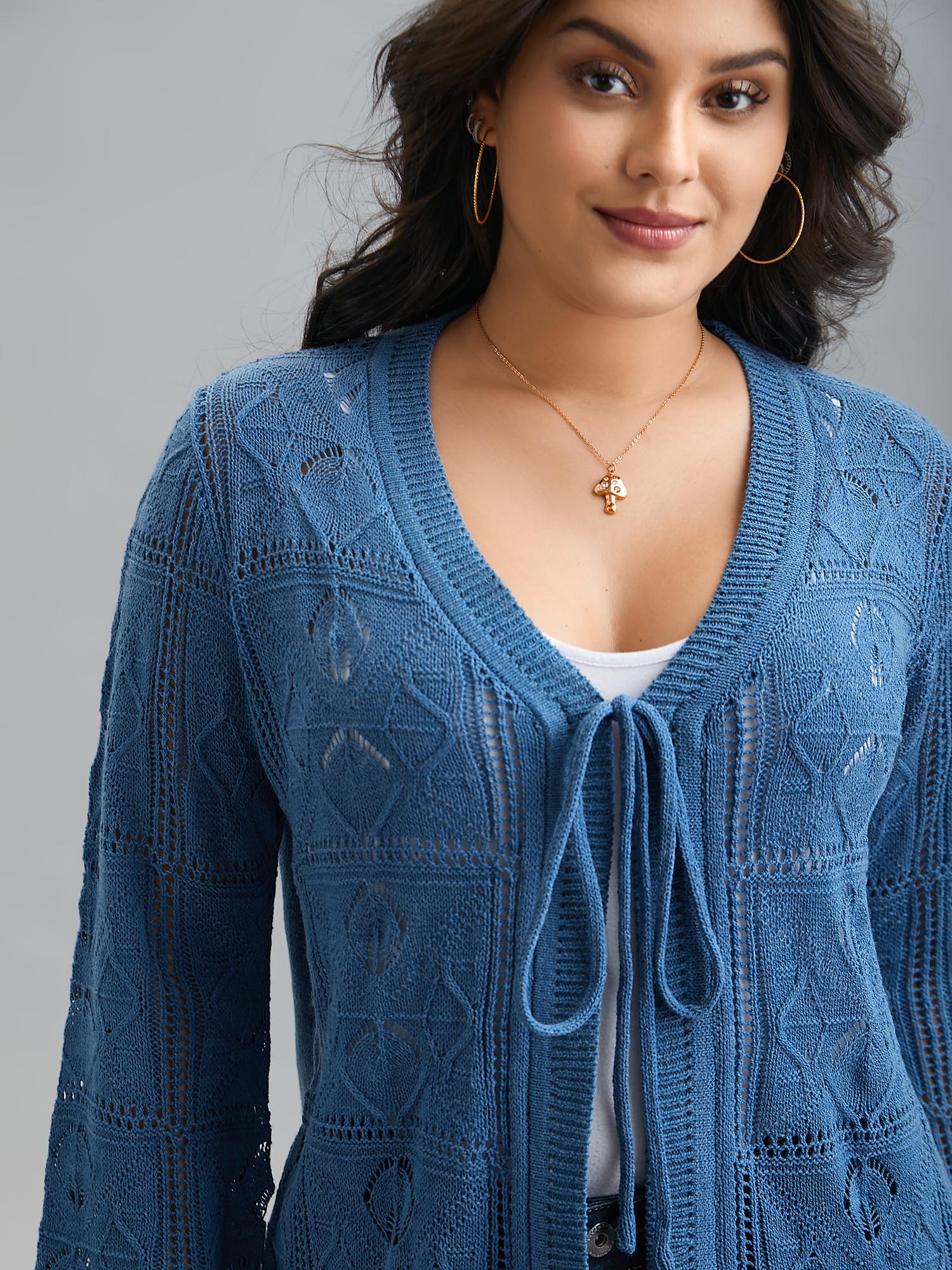 Front-Tie Textured Eyelet Knit Cardigan
