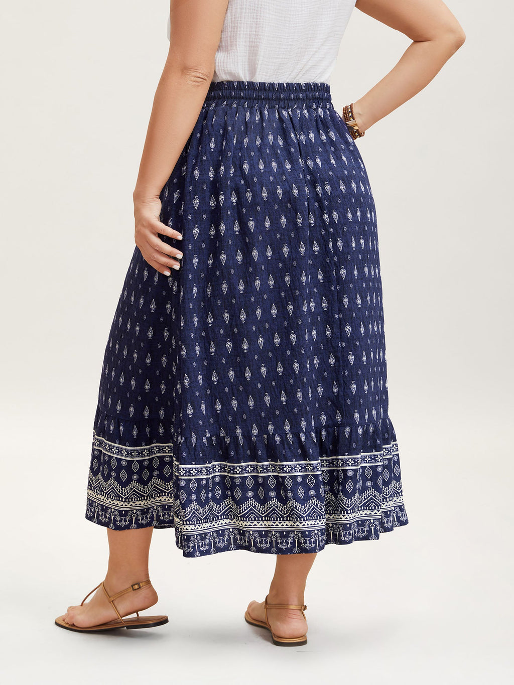 Boho Print Pleated Drawstring Midi Skirt