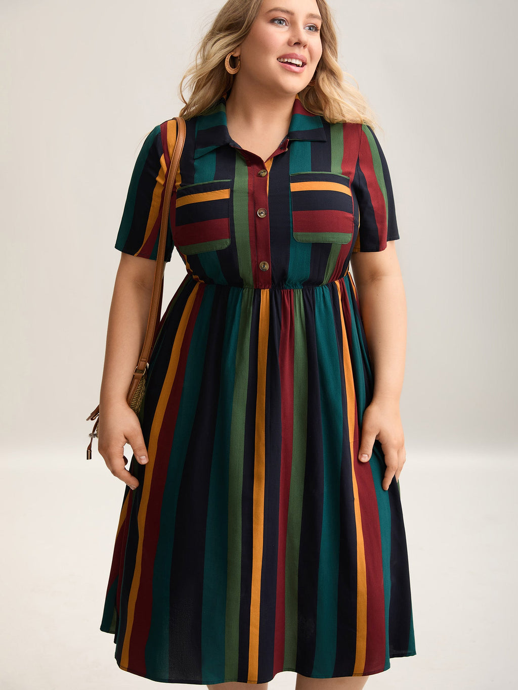 Multi-Color Striped Print Pockets Shirt Dress