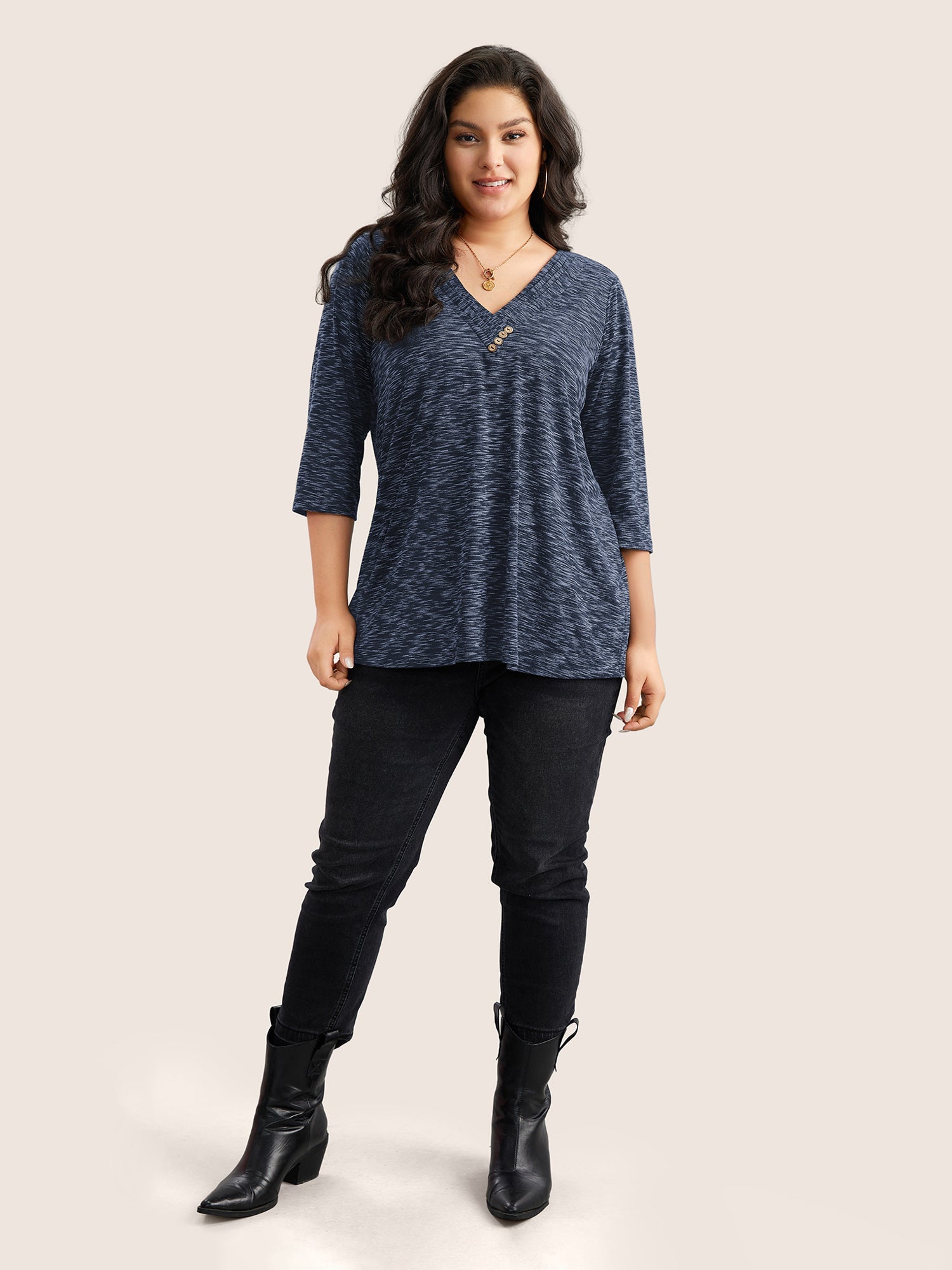 Heather Pleated Button Detail T-shirt