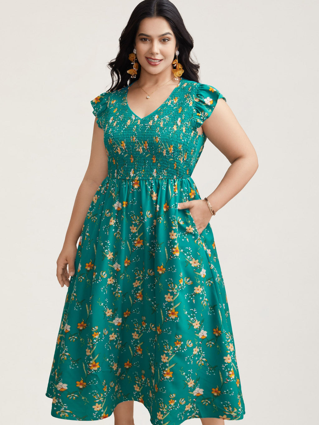 Shirred Printed Flutter Sleeve Pockets Maxi Dress