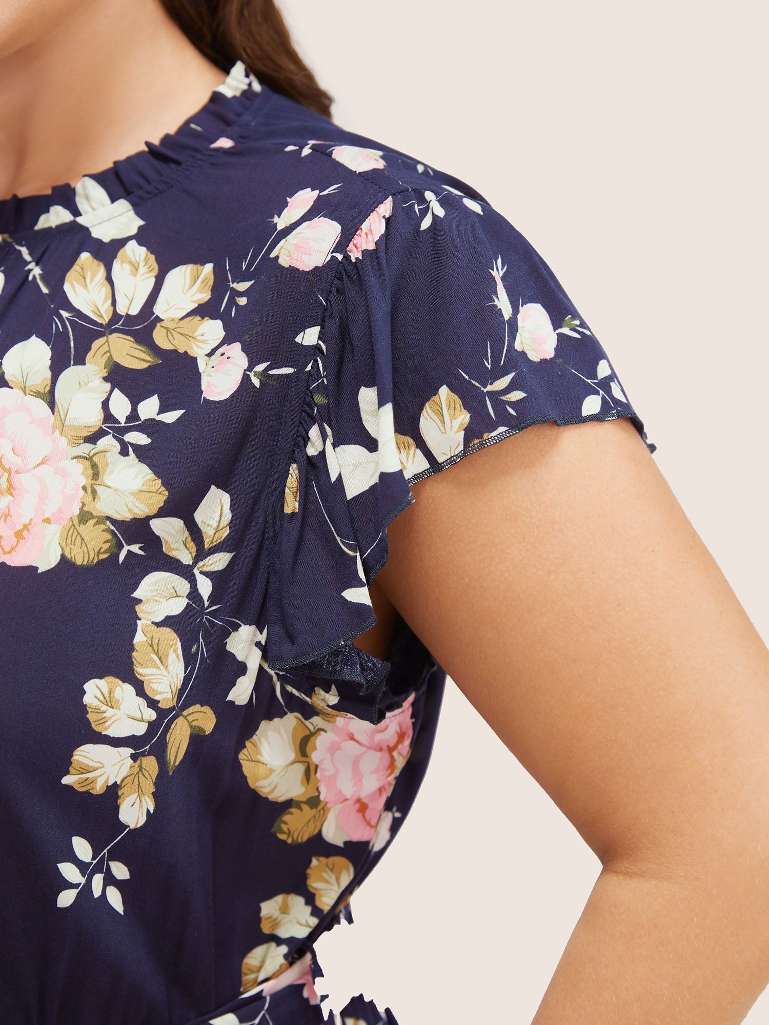 Floral Frill Trim Mock Neck Pocket Ruffle Belted Cap Sleeve Dress