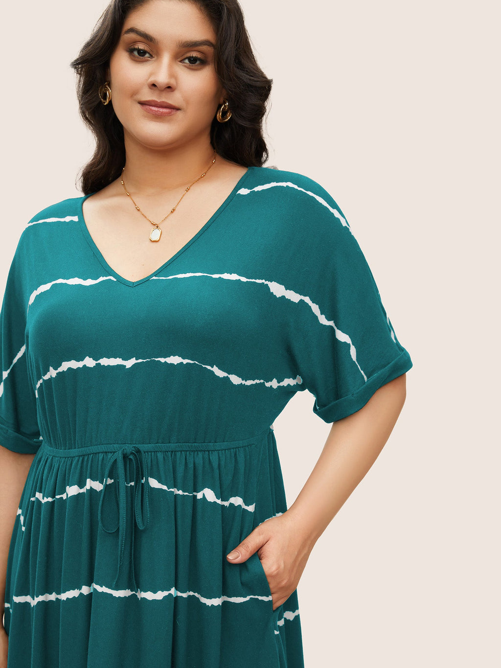 Tie Dye Roll Dolman Sleeve Pocket Gathered Knot Striped Dress