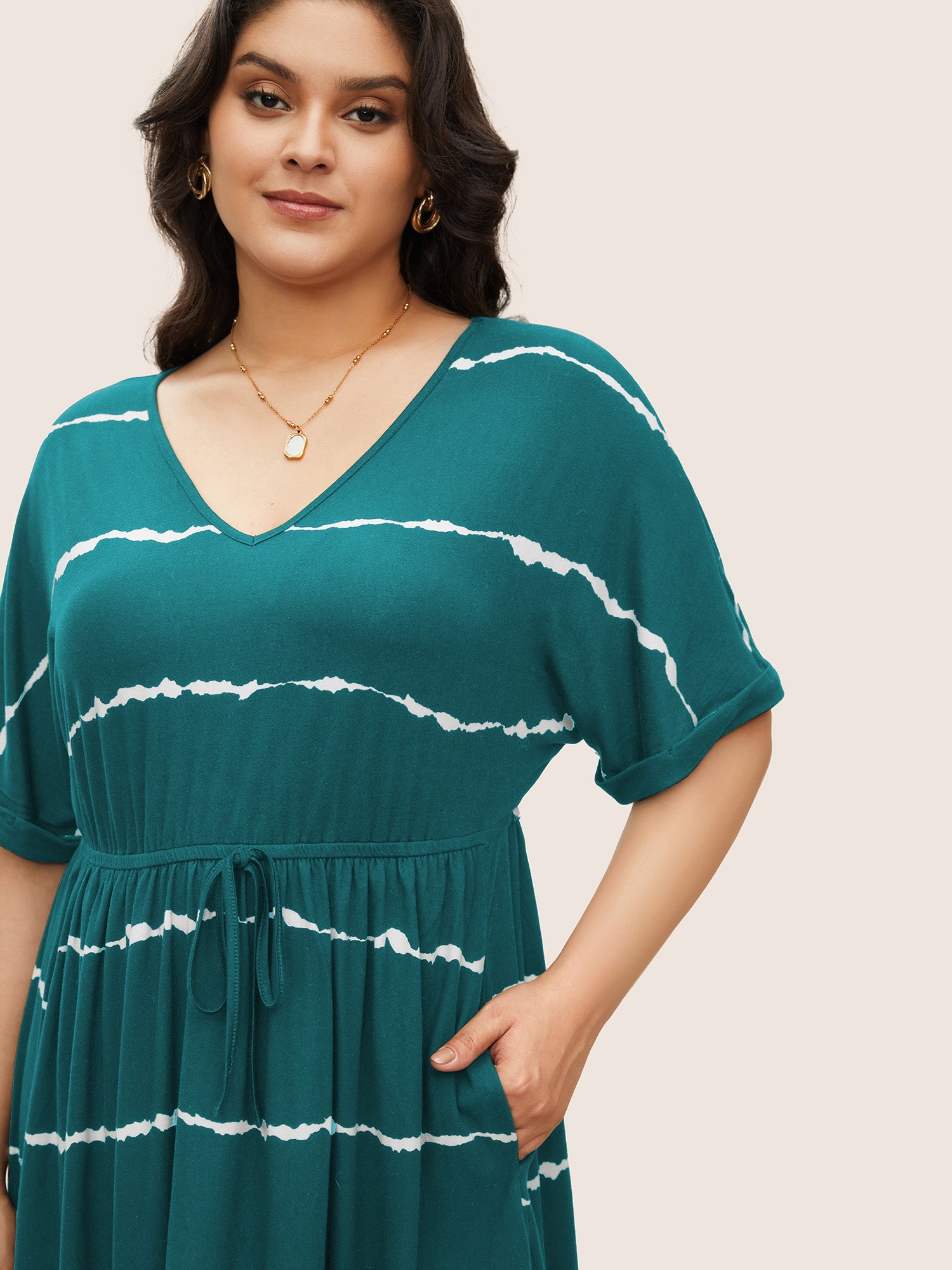 Tie Dye Roll Dolman Sleeve Pocket Gathered Knot Striped Dress