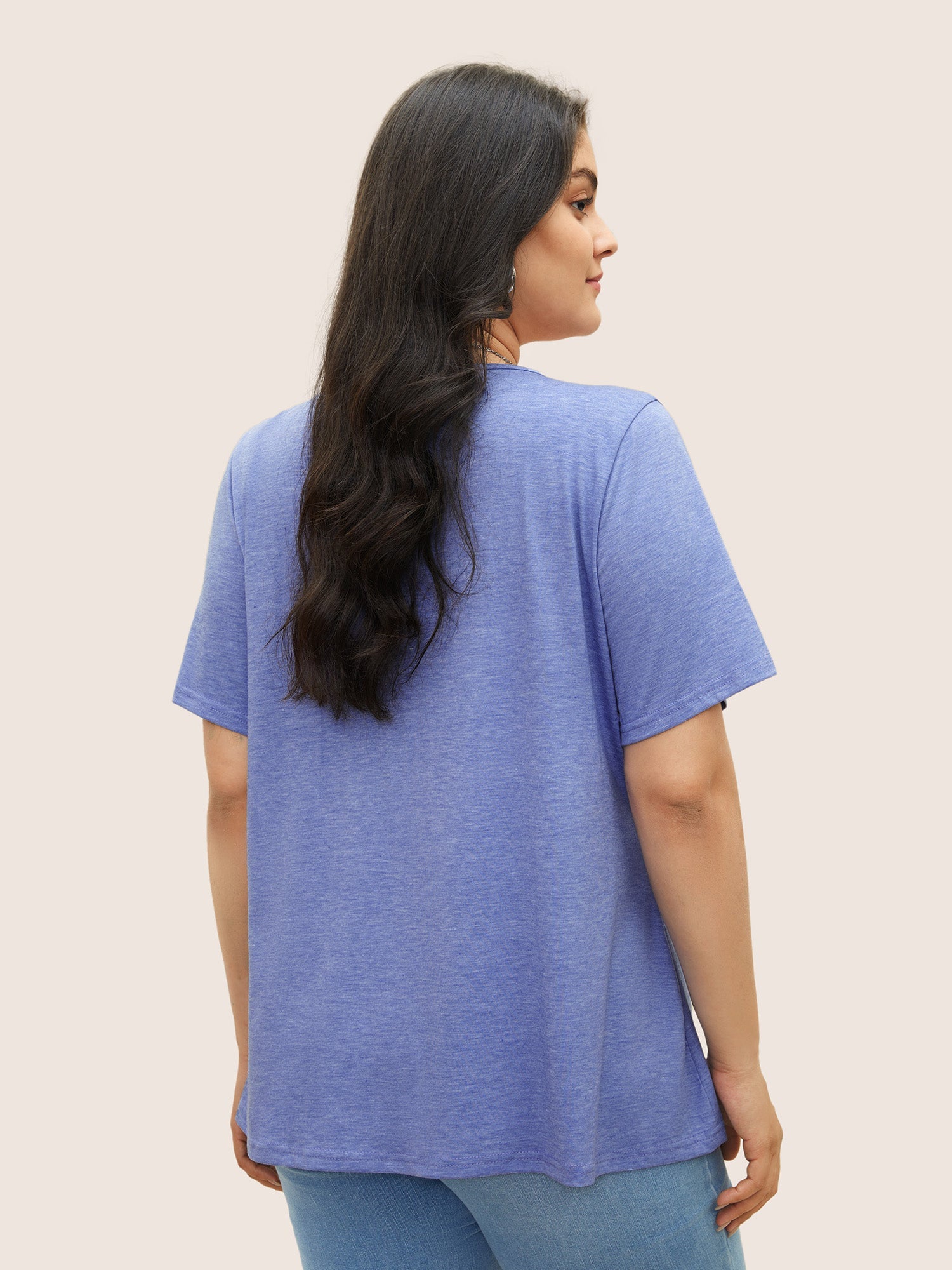 Solid Pleated Front Button Detail V Neck T-shirt