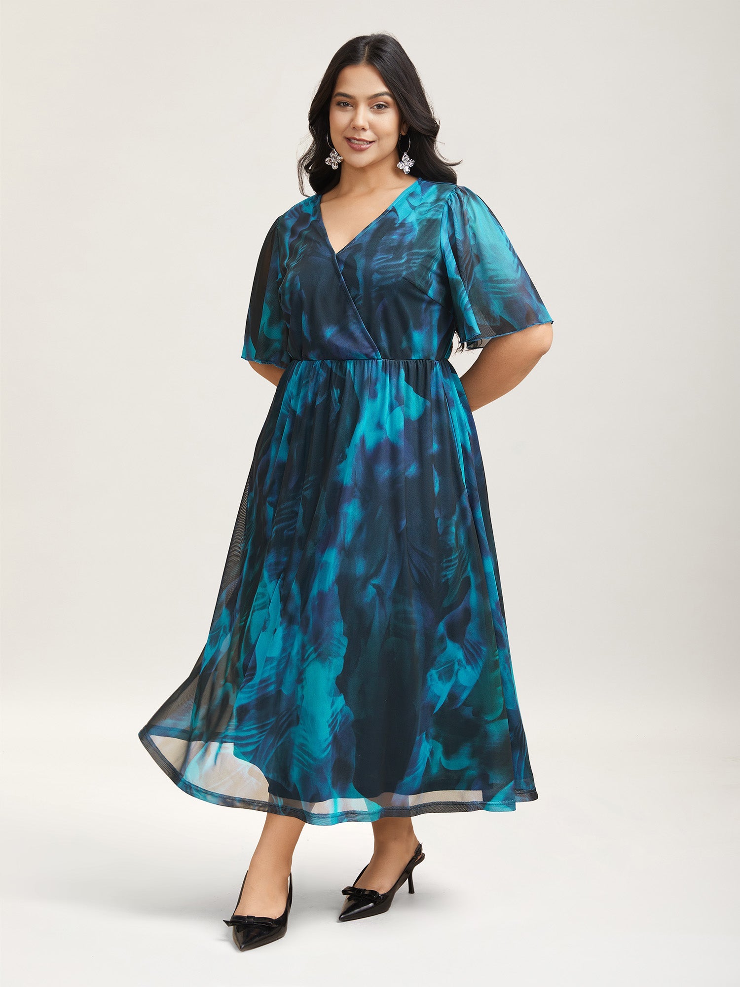 Floral Fusion Wrap Neck Midi Dress