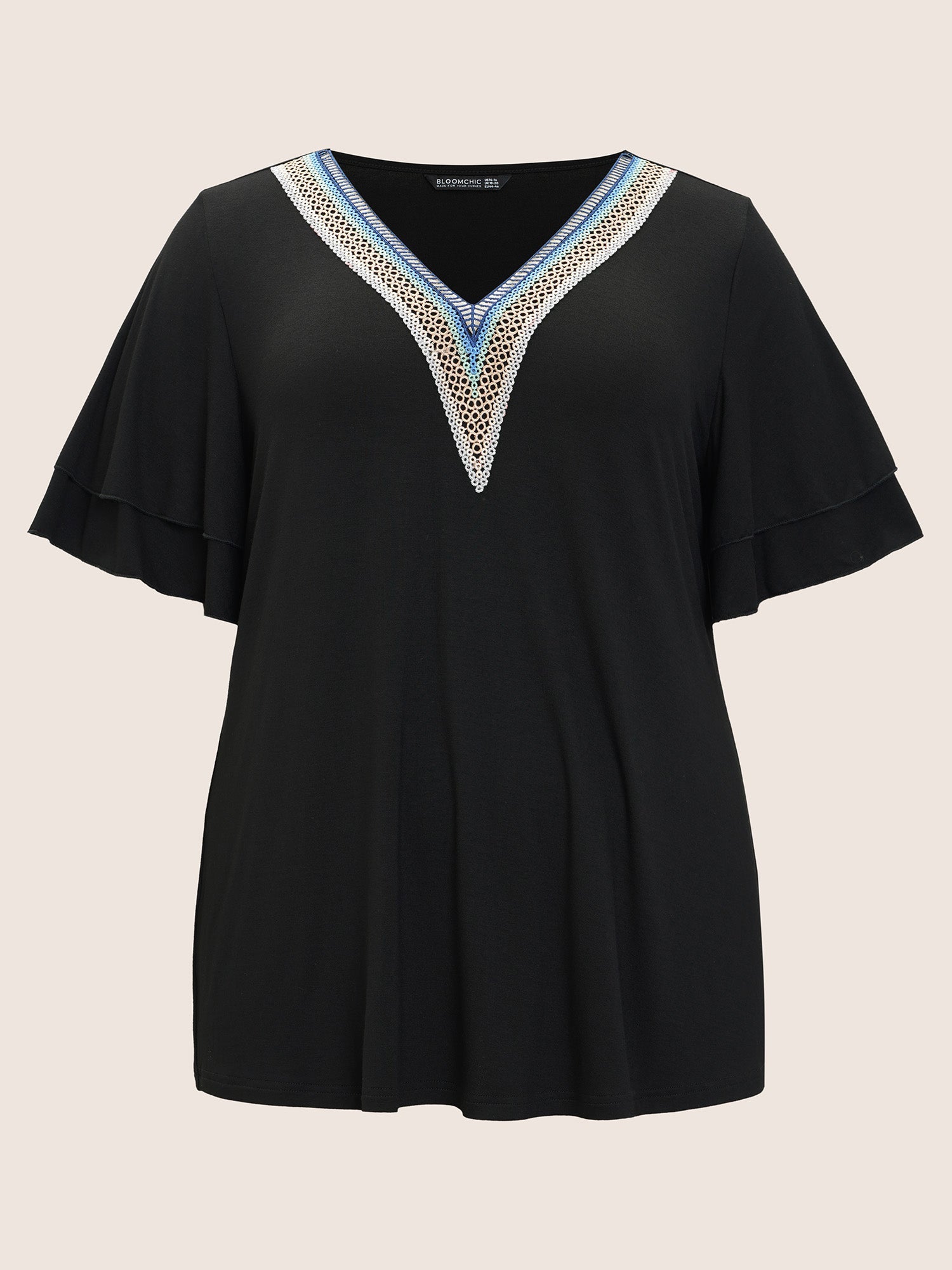 Solid Crochet Lace Ruffle Tiered Sleeve V Neck T-shirt