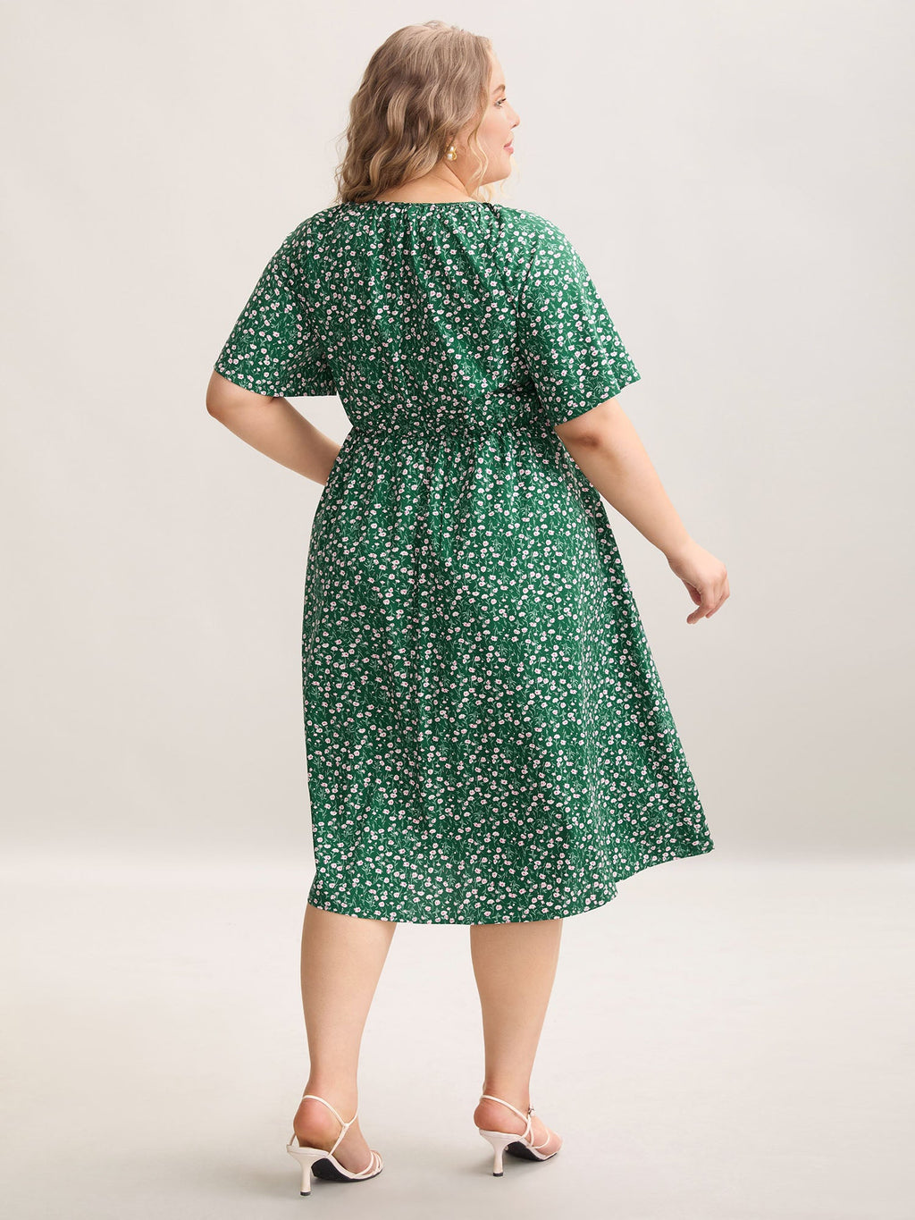 Floral Print Split Neck Pockets Midi Dress