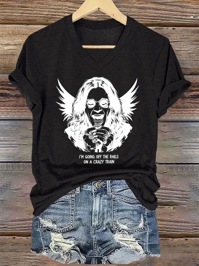 V-Neck Retro Rip Prince Of Darkness I'm Going Off The Rails On A Crazy Train Print T-Shirt