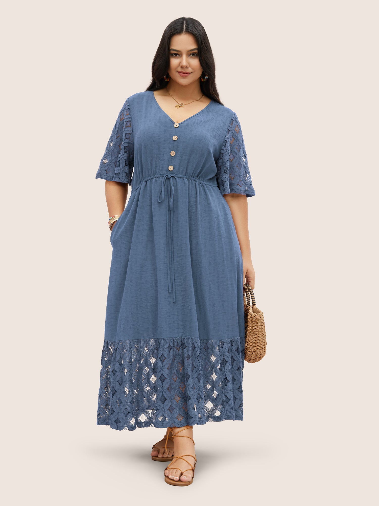 Crochet Lace Mesh Button Detail Drawstring Dress