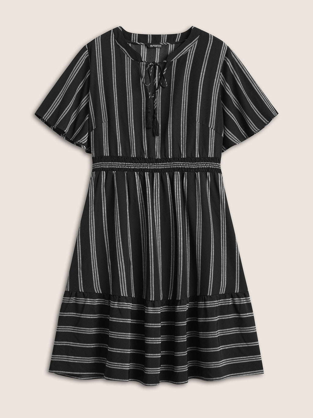 Striped Patchwork Tassels Ties Shirred Dress