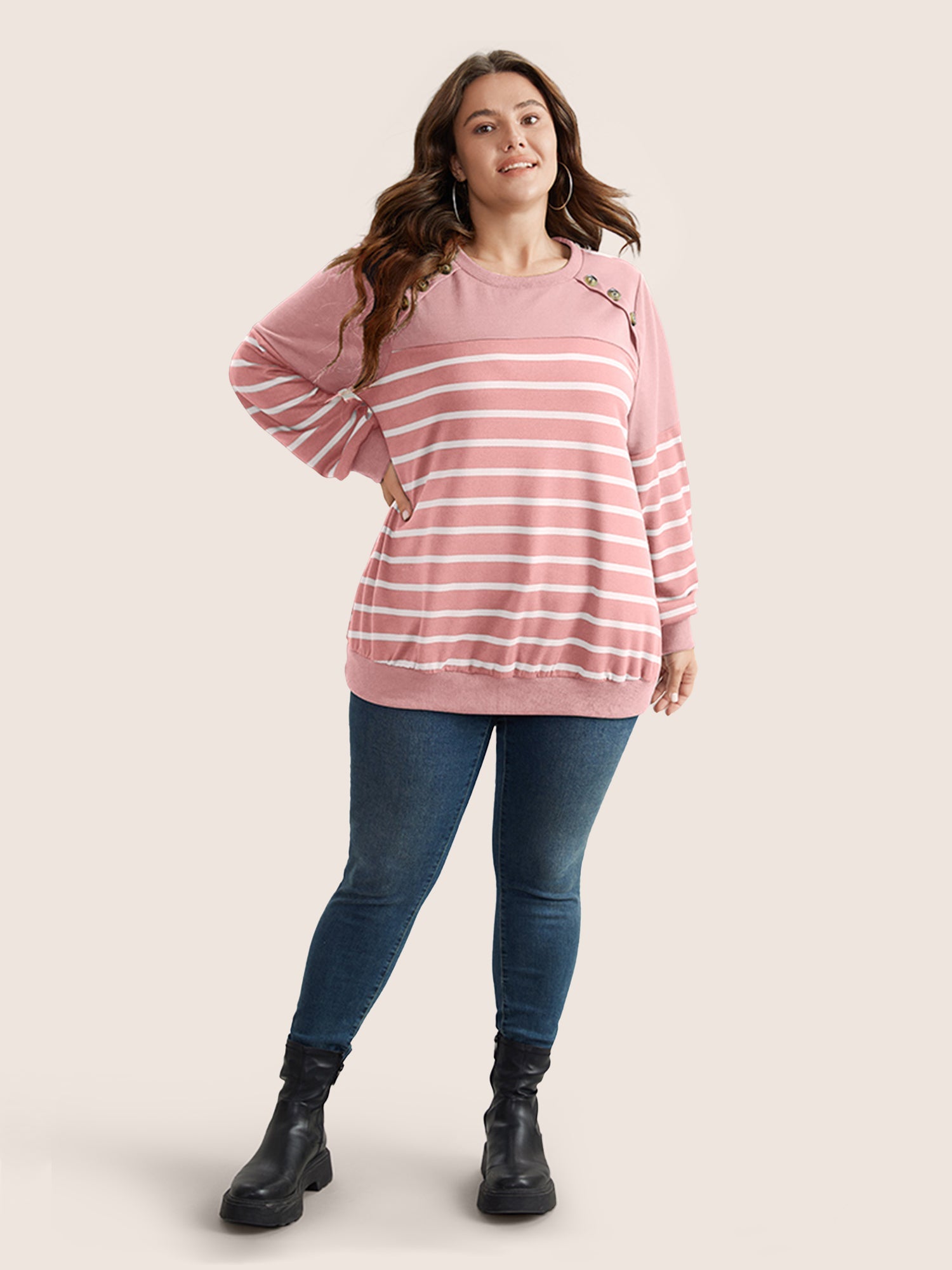 Striped Patchwork Button Detail Sweatshirt