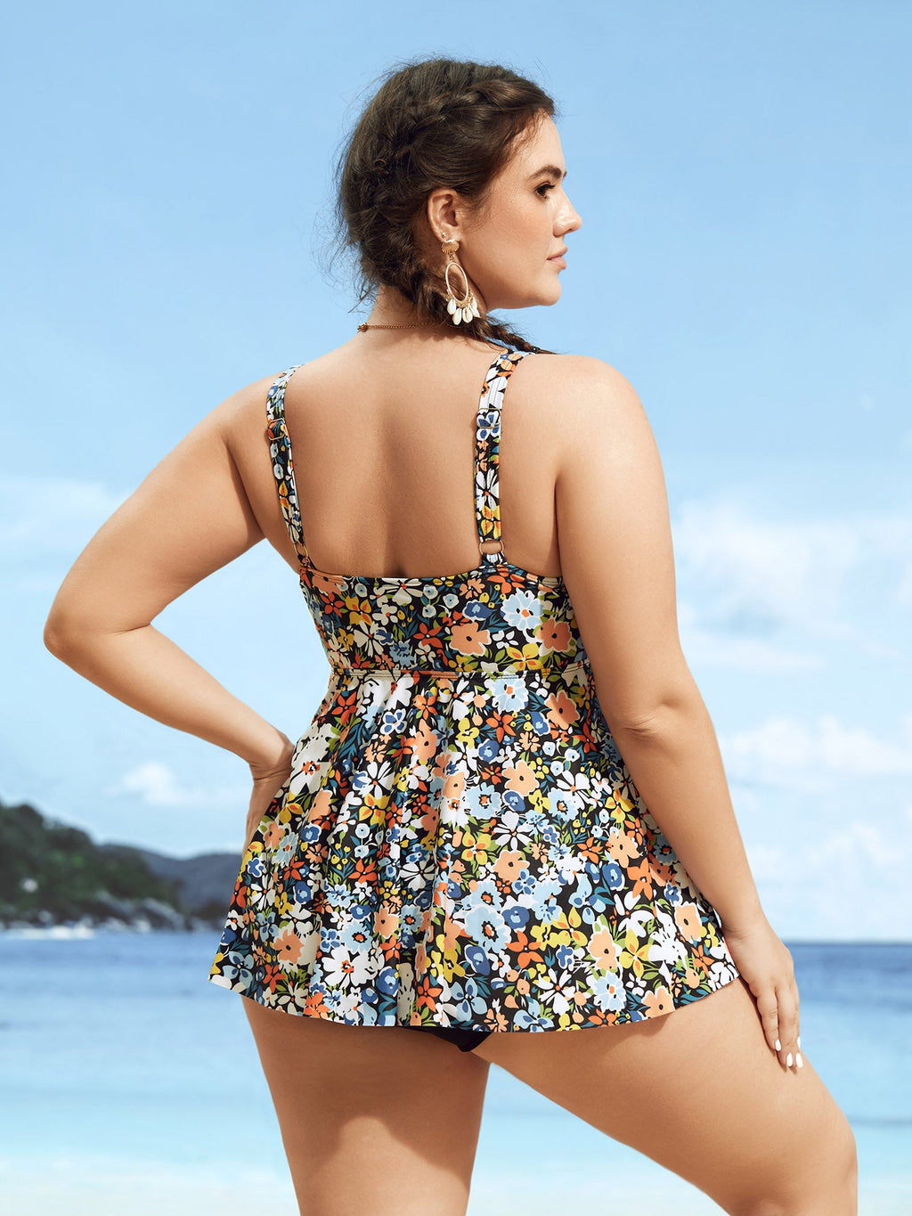 Colored Floral Print Knotted Gathered Swim Top