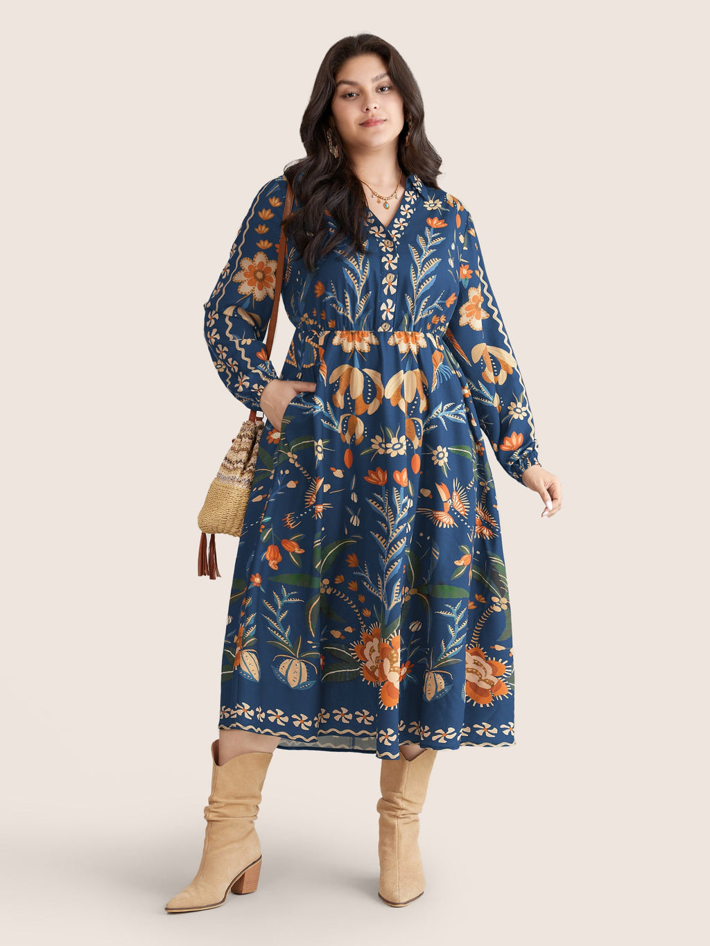 Bandana Print Pocket Lapel Collar Elastic Cuffs Dress