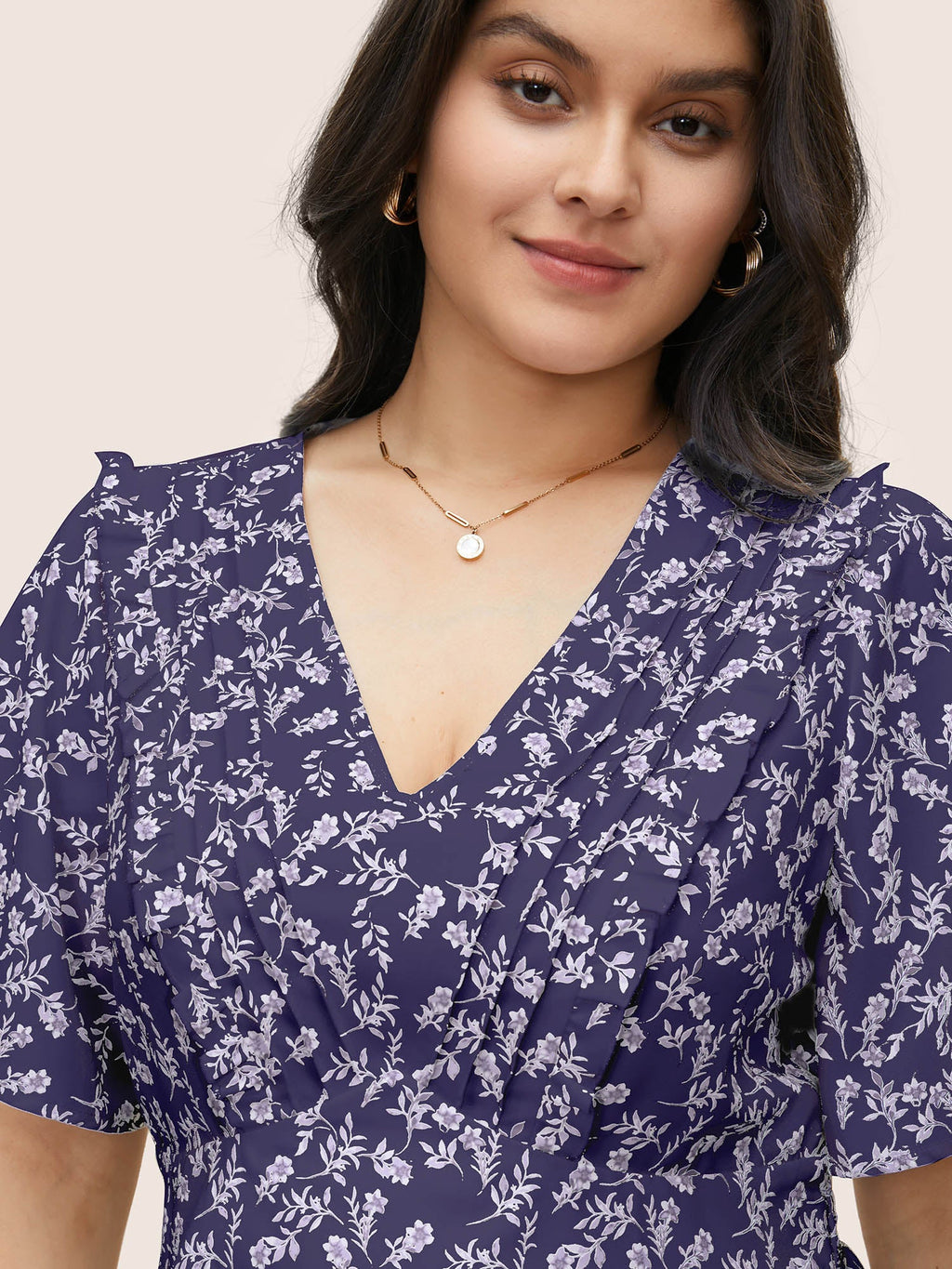 Floral Pleated Elastic Waist Ruffle Sleeve Blouse
