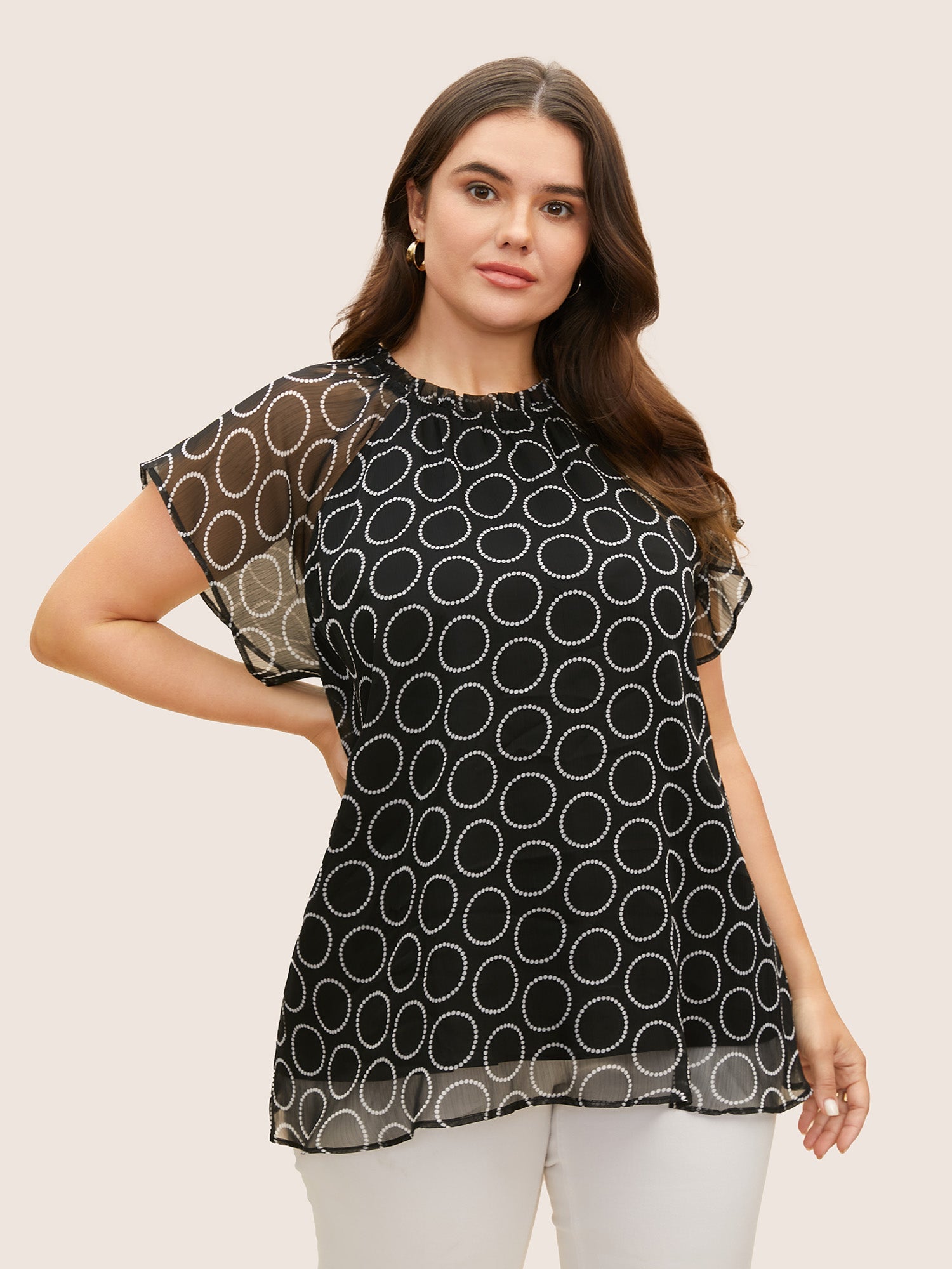 Polka Dot Mock Neck Mesh Patchwork Blouse