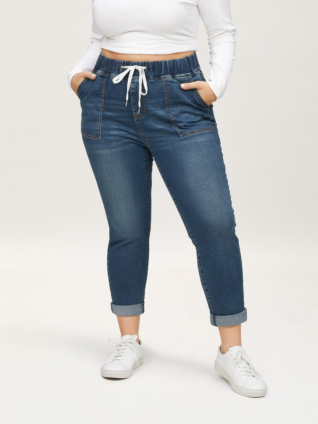 Drawstring Elastic Waist Roll Hem Jeans