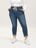 Drawstring Elastic Waist Roll Hem Jeans