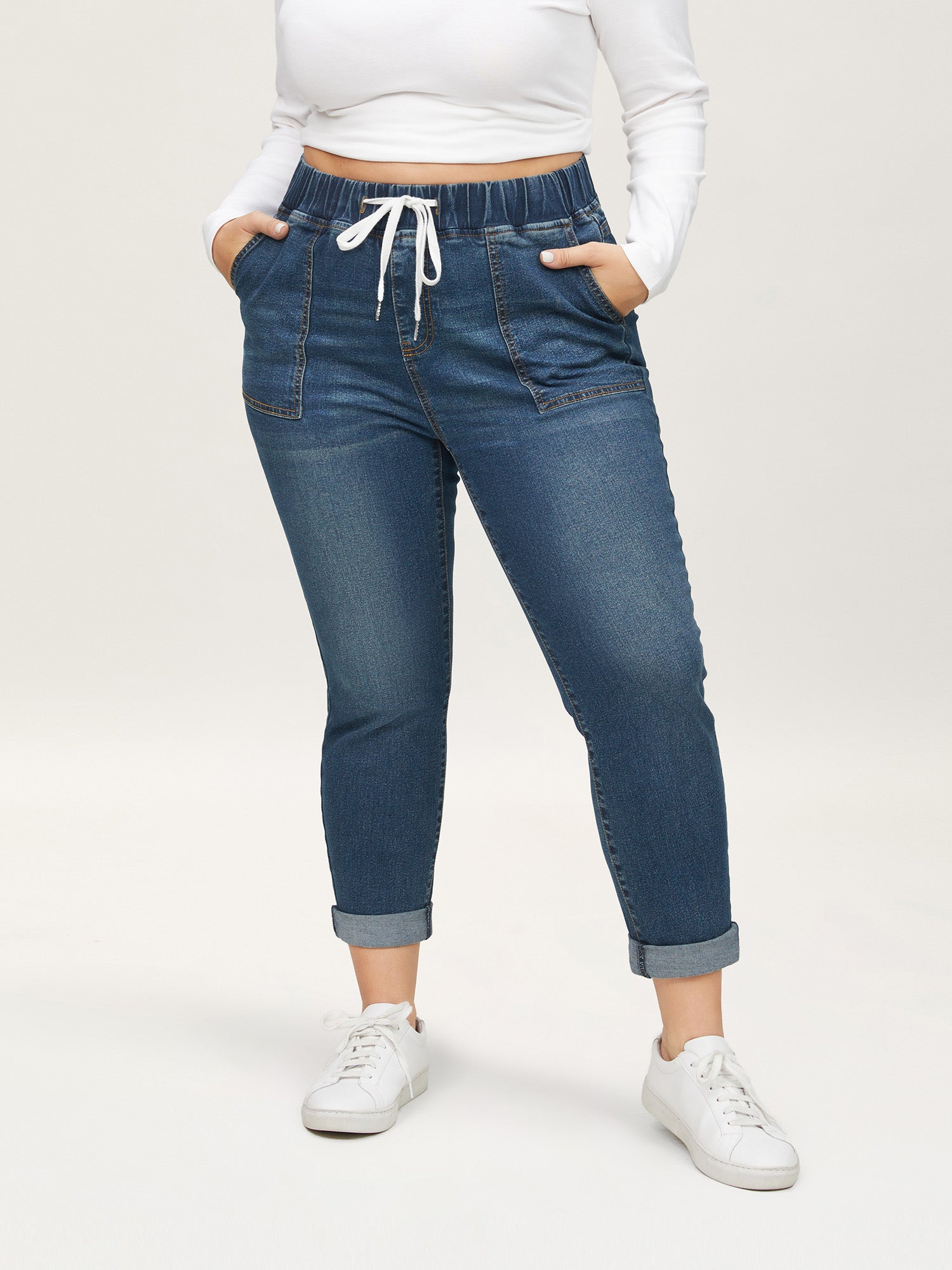 Drawstring Elastic Waist Roll Hem Jeans