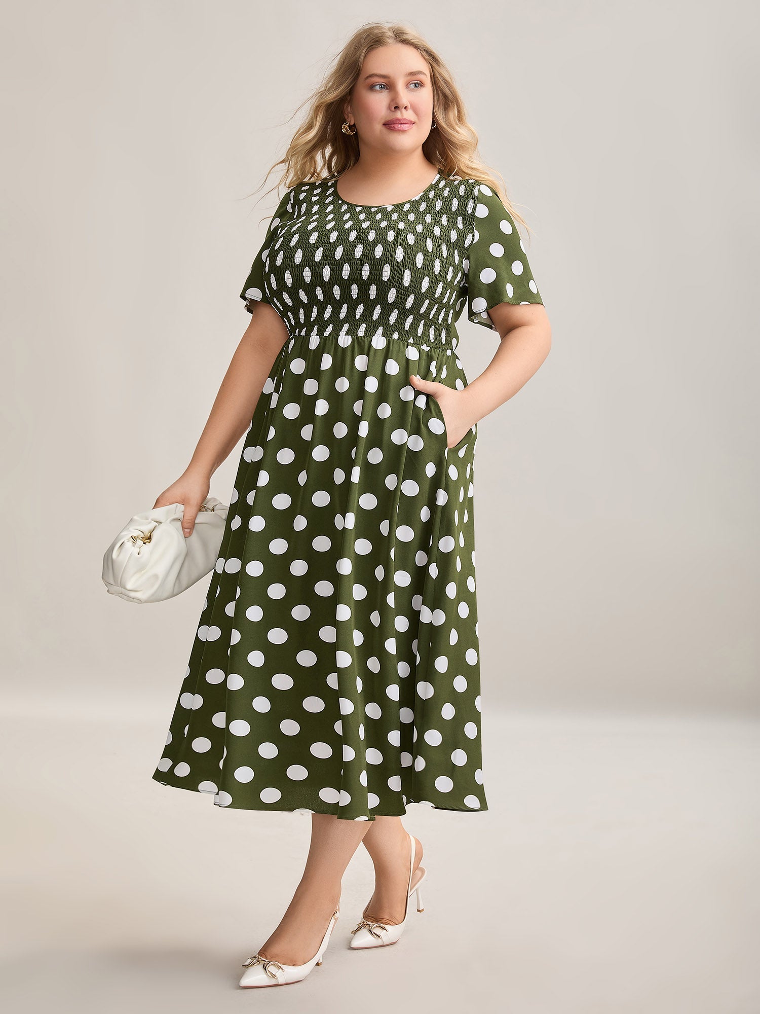 Polka Dot Print Pockets Shirred Maxi Dress