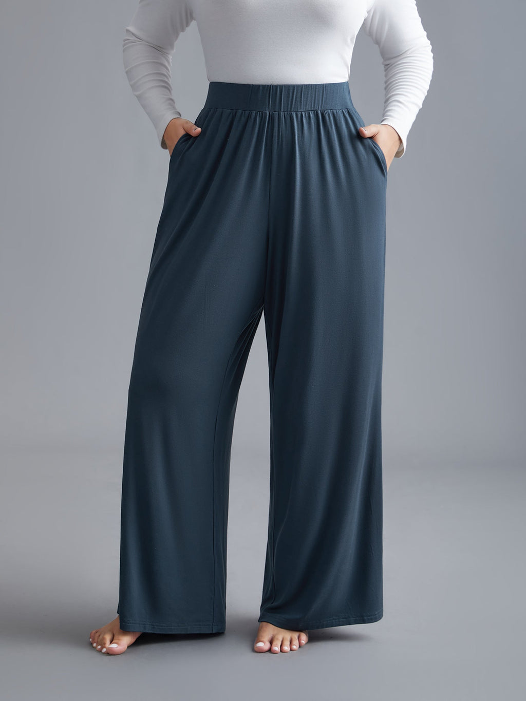 Solid Elastic Waist Wide Leg Lounge Bottoms