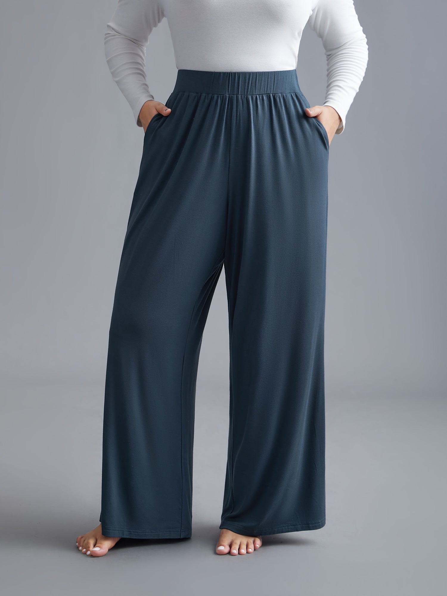 Solid Elastic Waist Wide Leg Lounge Bottoms